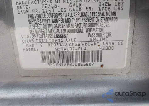 2018 Nissan Versa 1.6 Sv from USA, damaged, VIN 3N1CN7AP2JL868687